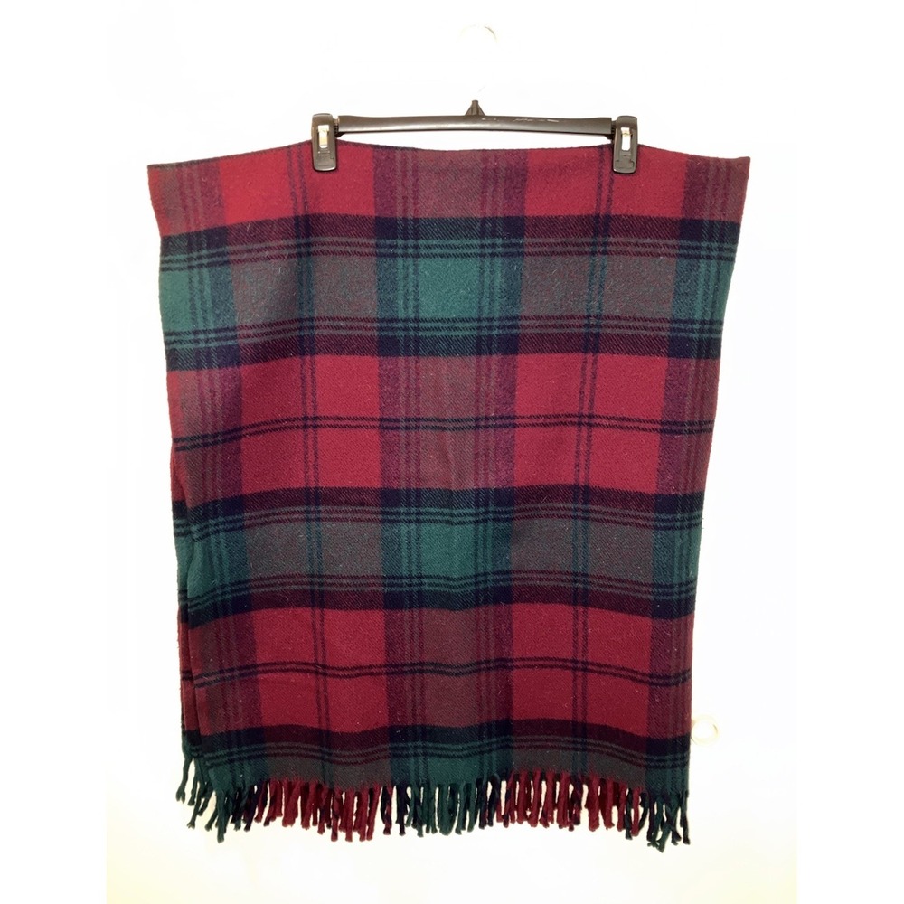 Faribo Wool Throw Blanket Plaid Fringe Navy Burgundy Tartan Faribault USA VTG
